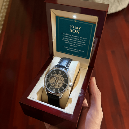 Black leather automatic openwork watch – son proud parent gift | Hensley London