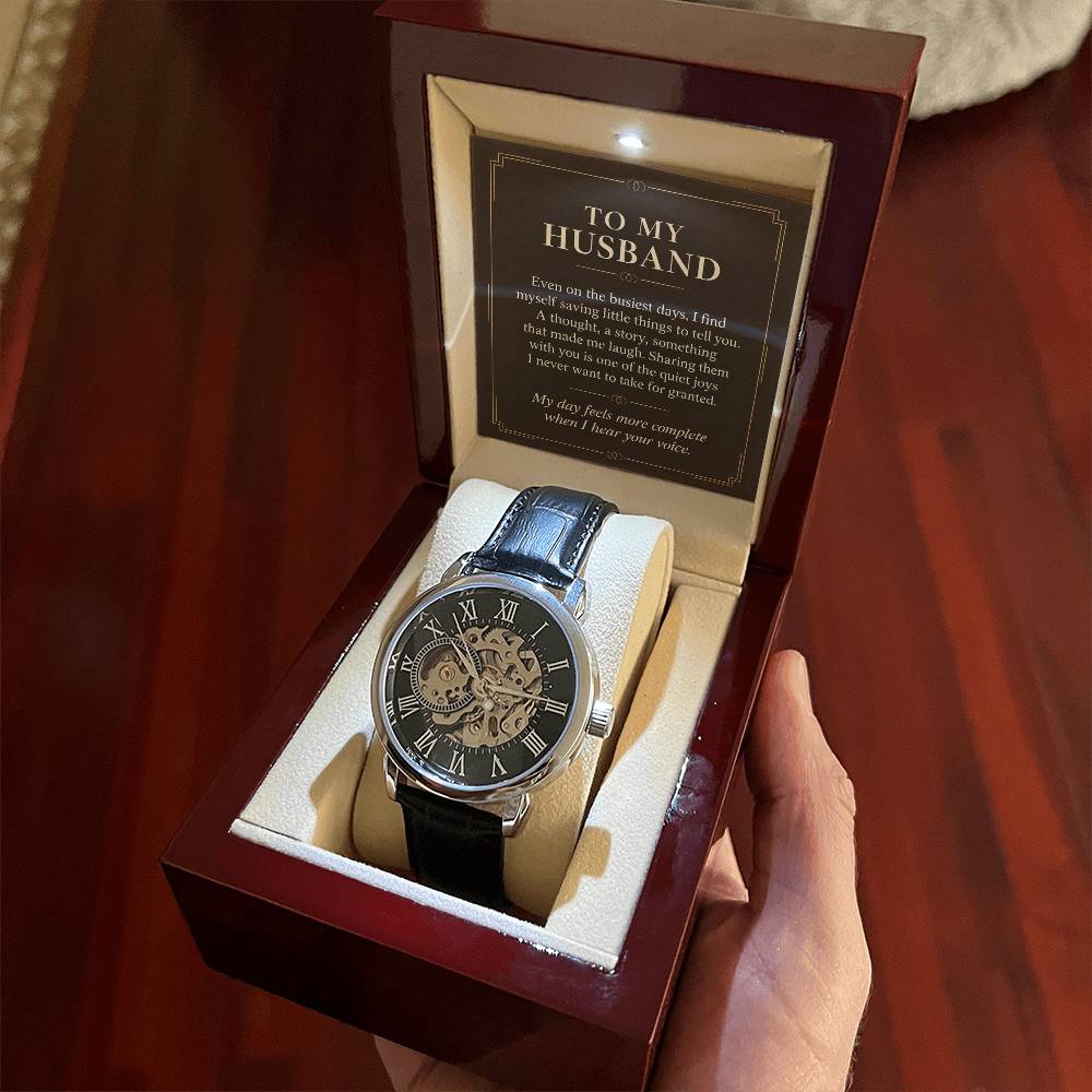 Black leather openwork watch for husband – gift box held indoors | Hensley London