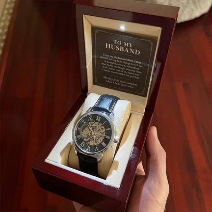 Black leather openwork watch for husband – gift box held indoors | Hensley London