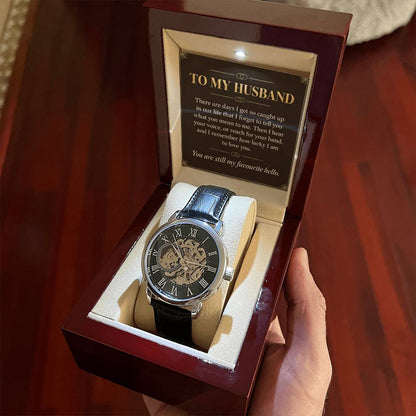 Black leather openwork watch for husband – gift box held indoors | Hensley London