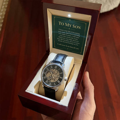 Black leather automatic openwork watch – son lasting belonging gift | Hensley London
