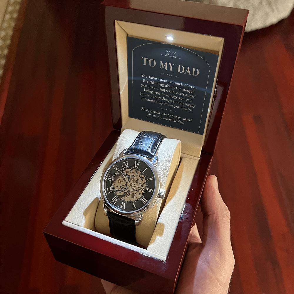 Black leather openwork watch for father – gift box held indoors | Hensley London