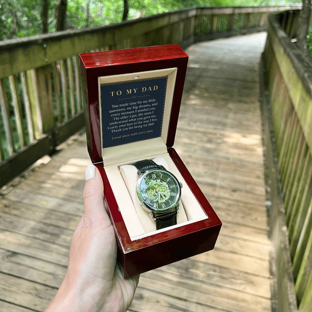 Openwork Watch in Black and Silver for Dad – handheld gift box outdoors | Hensley London