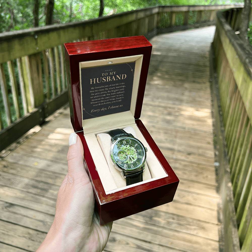 Openwork Watch in Black and Silver for Husband – handheld gift box outdoors | Hensley London