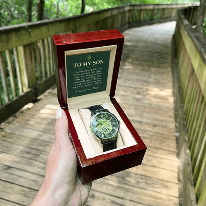 Openwork Watch in Black and Silver for Son – handheld gift box outdoors | Hensley London