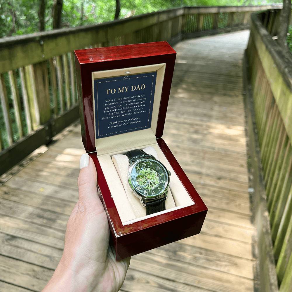 Black leather openwork watch for father – gift box held outdoors | Hensley London