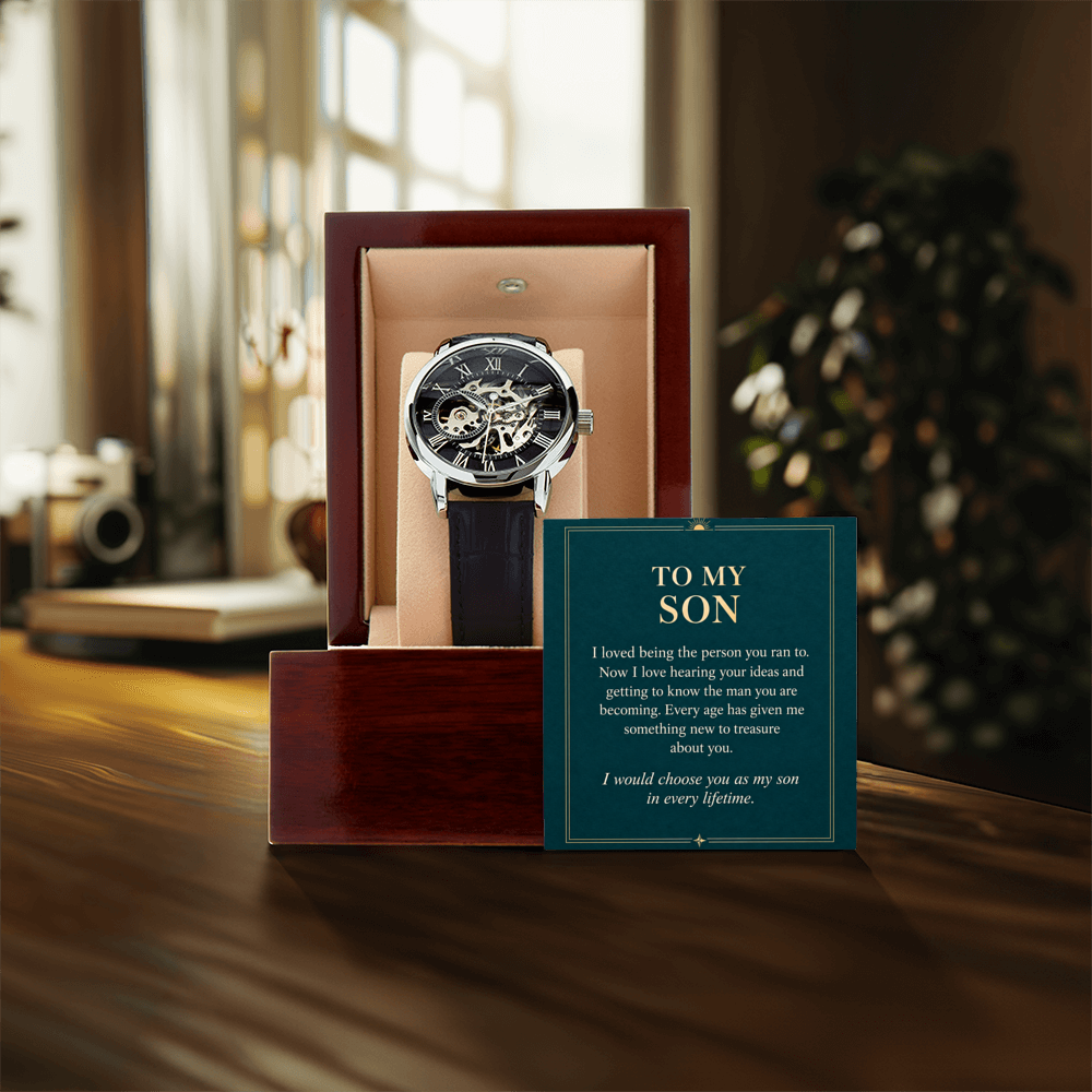 Black leather automatic openwork watch – son proud parent gift | Hensley London