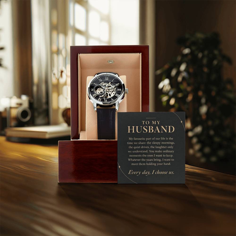 Openwork Watch in Black and Silver for Husband – gift presentation in a room | Hensley London