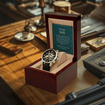 Black leather automatic openwork watch – son proud parent gift | Hensley London