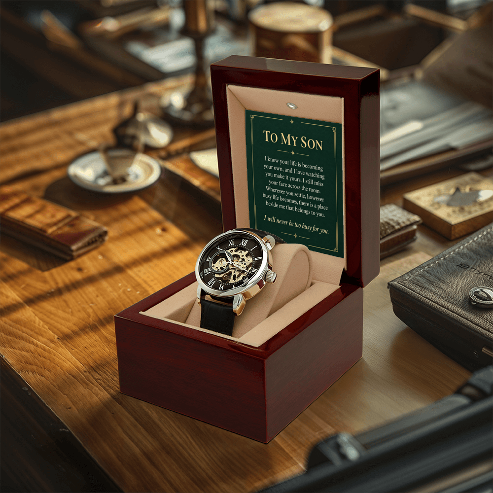 Black leather automatic openwork watch – son lasting belonging gift | Hensley London