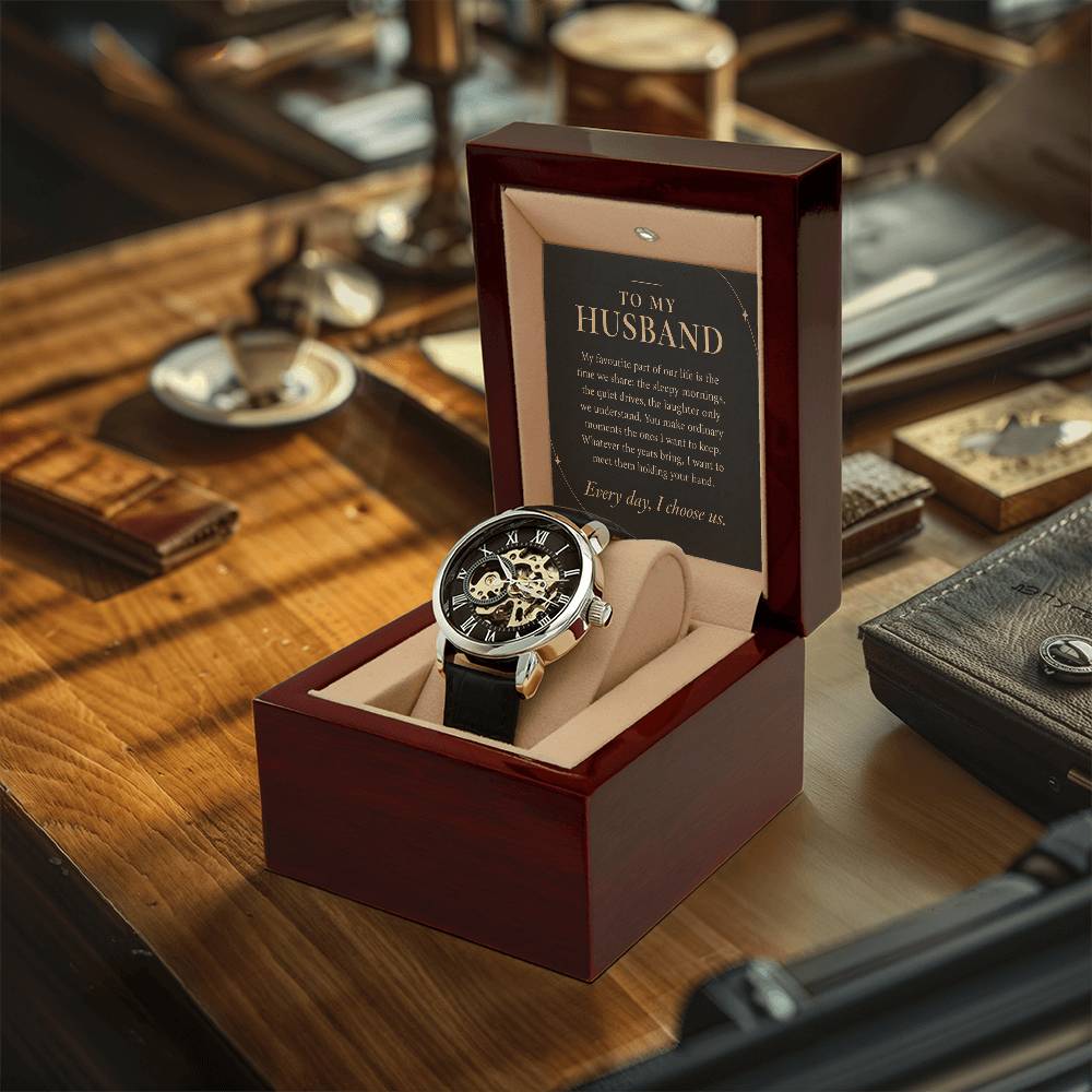 Openwork Watch in Black and Silver for Husband – gift presentation on a desk | Hensley London