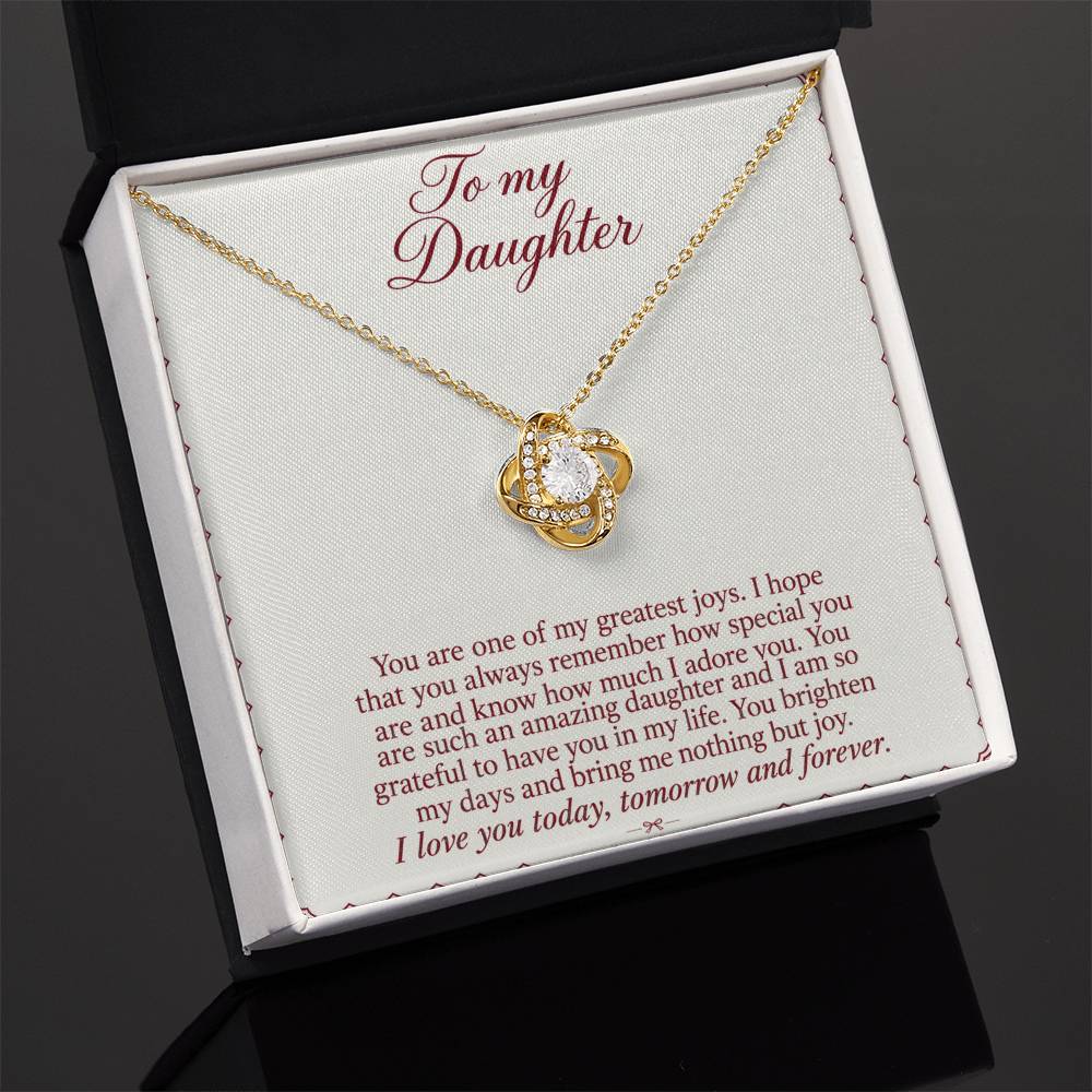 Love Knot necklace with Burgundy Letter daughter message card – yellow gold finish necklace in Standard Box | Hensley London