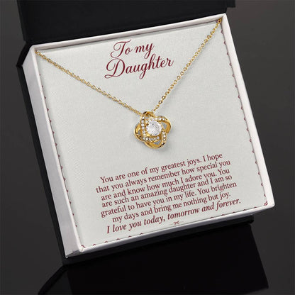 Love Knot necklace with Burgundy Letter daughter message card – yellow gold finish necklace in Standard Box | Hensley London