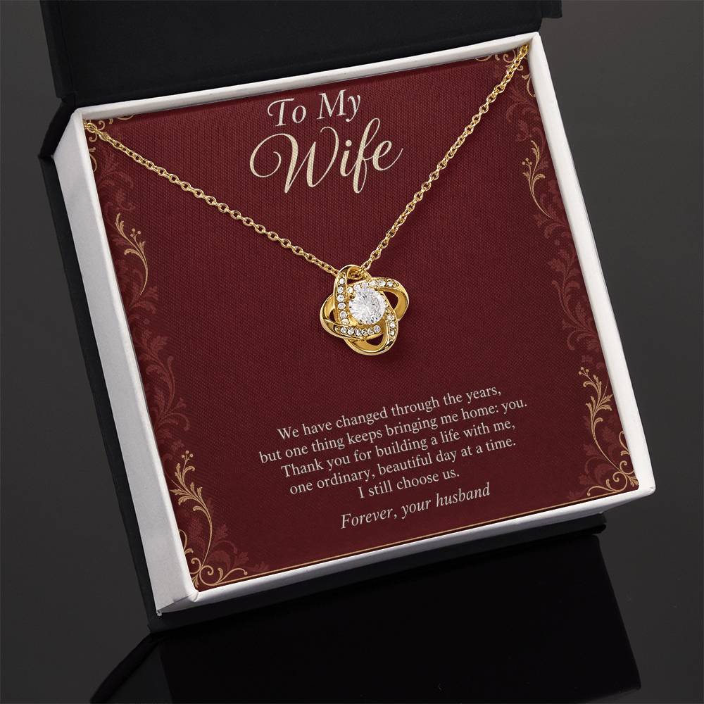 Love Knot Necklace in yellow gold finish with message card for wife | Hensley London