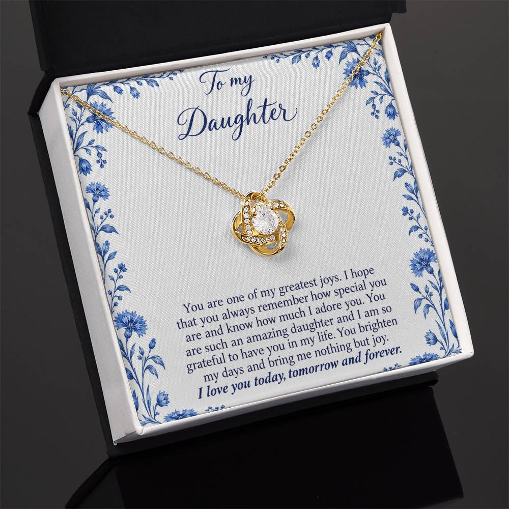 Love Knot necklace with Blue Porcelain daughter message card – yellow gold finish necklace in Standard Box | Hensley London