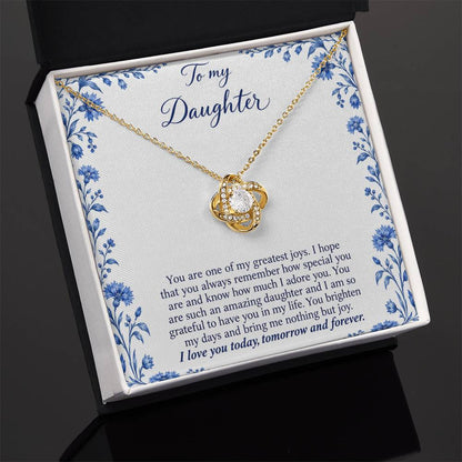 Love Knot necklace with Blue Porcelain daughter message card – yellow gold finish necklace in Standard Box | Hensley London