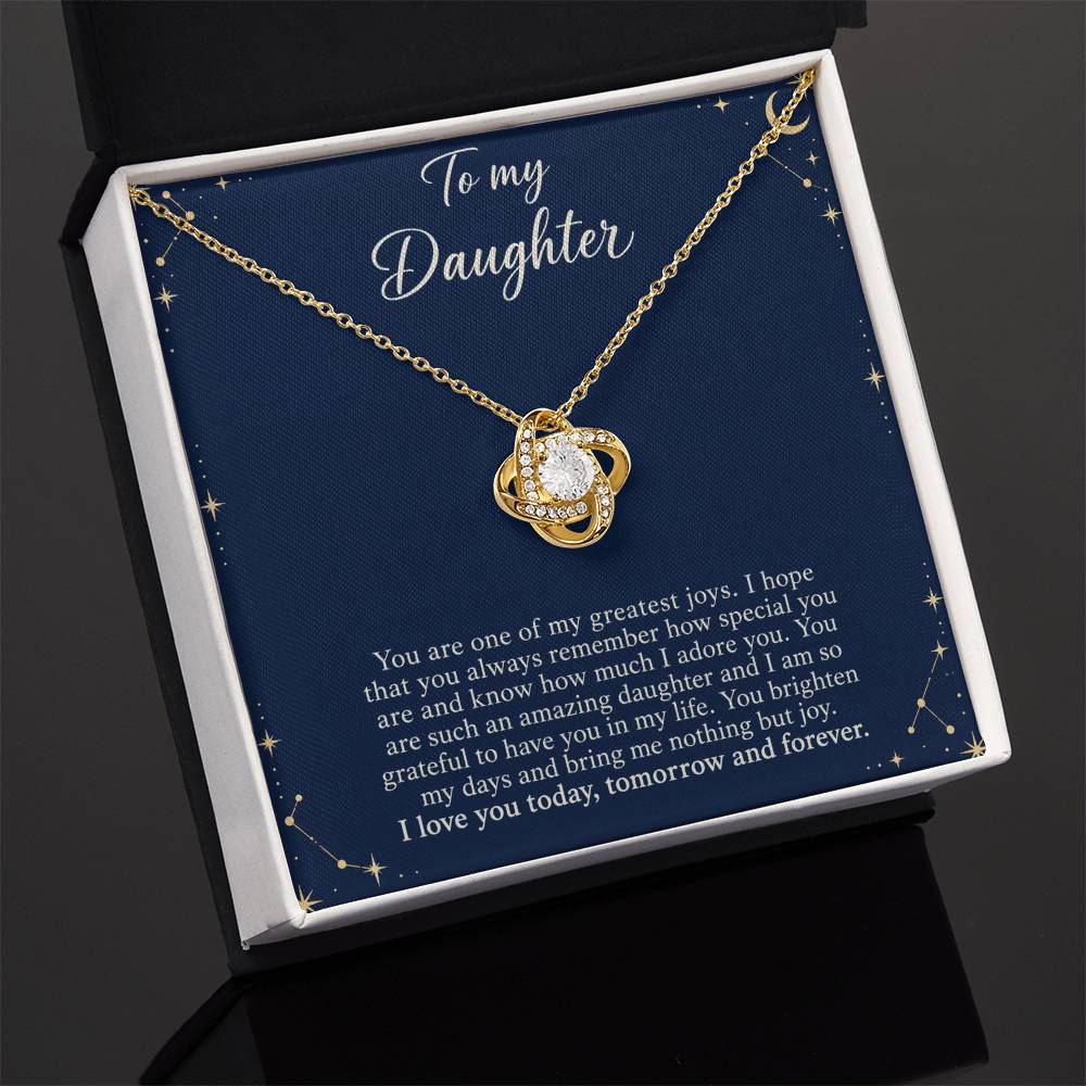 Love Knot necklace with Midnight Celestial daughter message card – yellow gold finish necklace in Standard Box | Hensley London