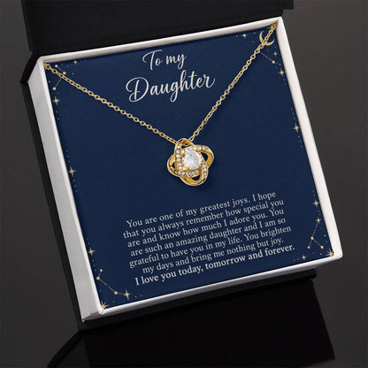 Love Knot necklace with Midnight Celestial daughter message card – yellow gold finish necklace in Standard Box | Hensley London