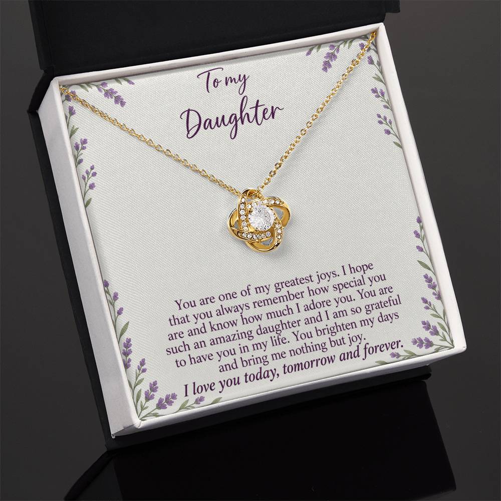 Love Knot necklace with Lavender Meadow daughter message card – yellow gold finish necklace in Standard Box | Hensley London