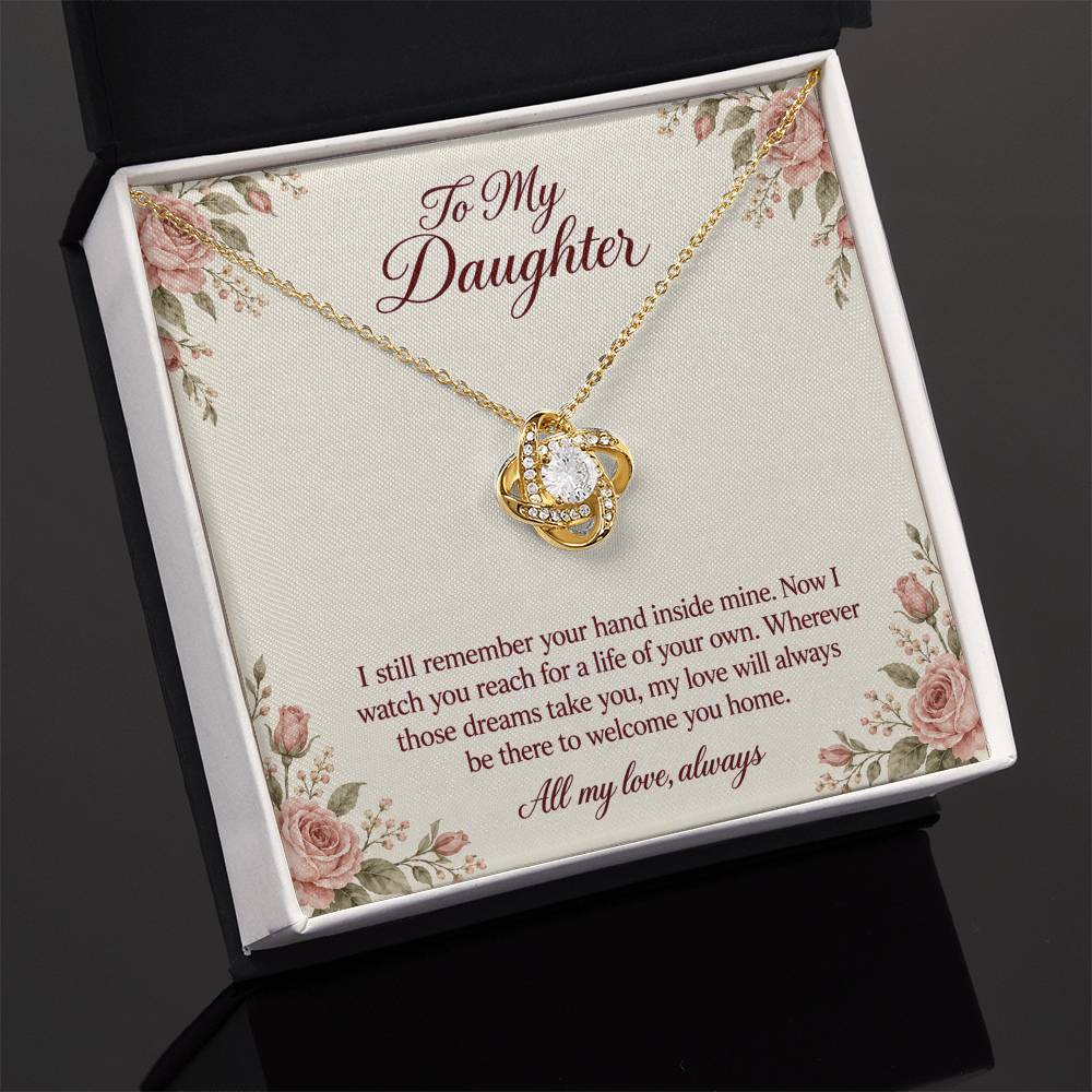 Love Knot Necklace in yellow gold finish with message card for daughter | Hensley London