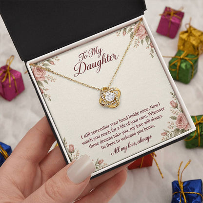 Love Knot Necklace in yellow gold finish with message card for daughter | Hensley London