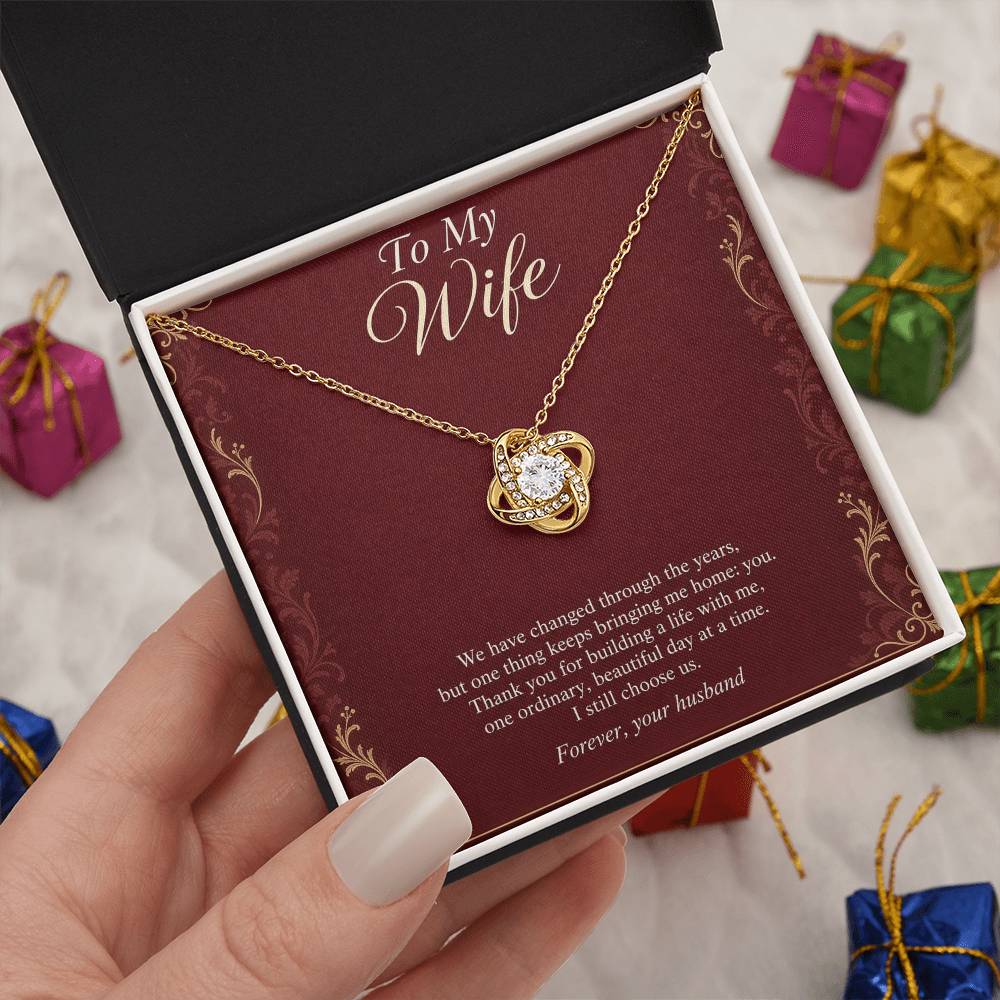 Love Knot Necklace in yellow gold finish with message card for wife | Hensley London