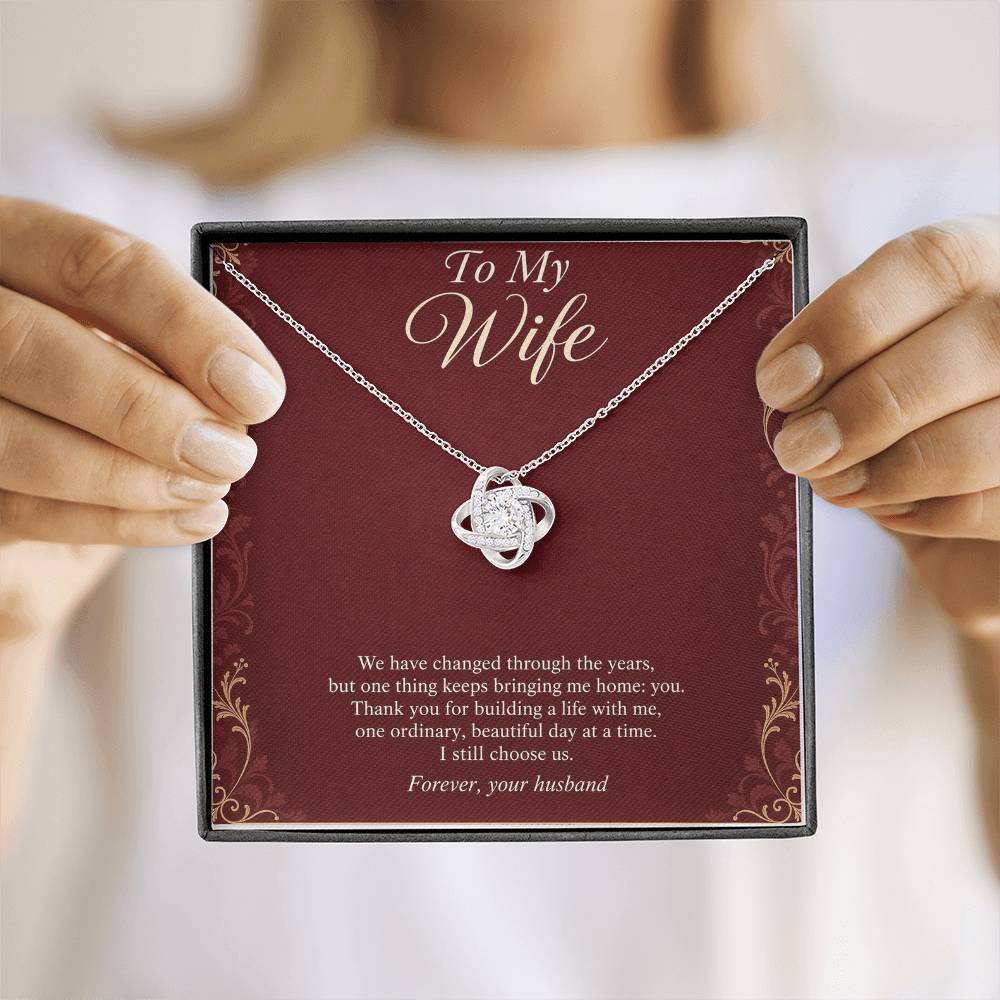 Love Knot Necklace in white gold finish with message card for wife | Hensley London