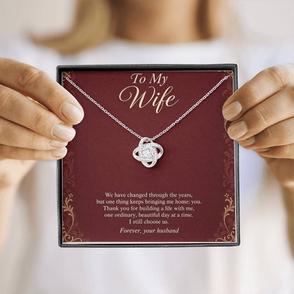 Love Knot Necklace in white gold finish with message card for wife | Hensley London