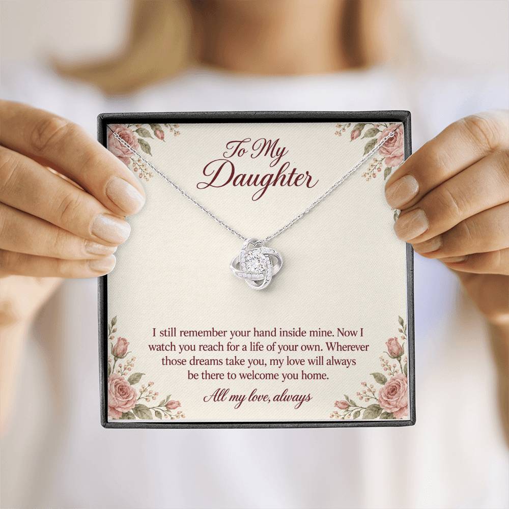 Love Knot Necklace in white gold finish with message card for daughter | Hensley London