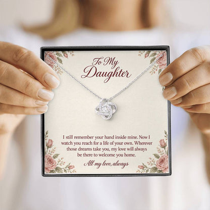 Love Knot Necklace in white gold finish with message card for daughter | Hensley London
