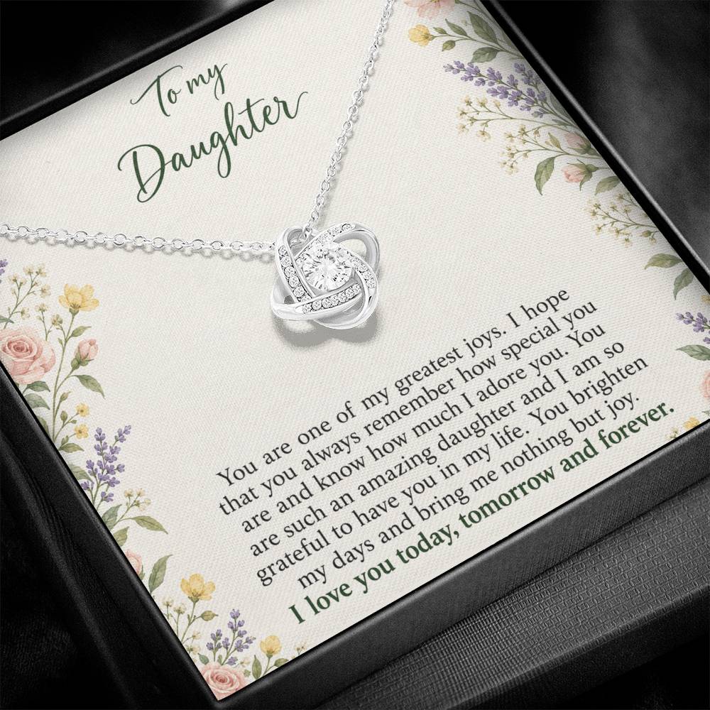 Love Knot necklace with Heirloom Garden daughter message card – white gold finish pendant and message card close-up | Hensley London