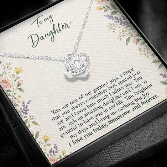 Love Knot necklace with Heirloom Garden daughter message card – white gold finish pendant and message card close-up | Hensley London
