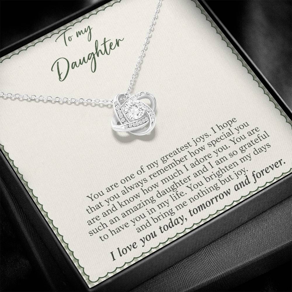 Love Knot necklace with Sage Gingham daughter message card – white gold finish pendant and message card close-up | Hensley London