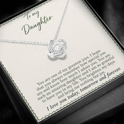 Love Knot necklace with Sage Gingham daughter message card – white gold finish pendant and message card close-up | Hensley London