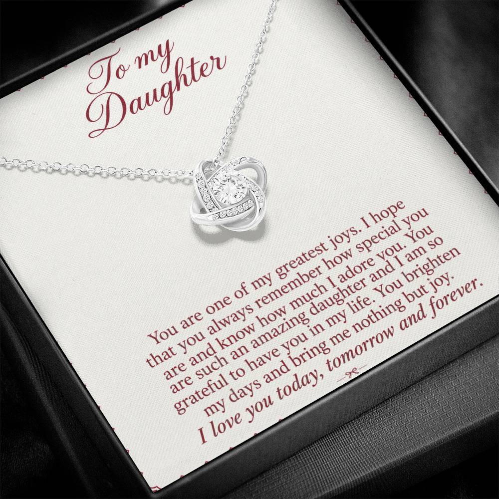 Love Knot necklace with Burgundy Letter daughter message card – white gold finish pendant and message card close-up | Hensley London