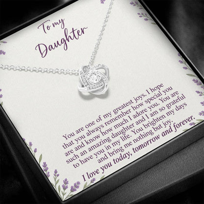 Love Knot necklace with Lavender Meadow daughter message card – white gold finish pendant and message card close-up | Hensley London