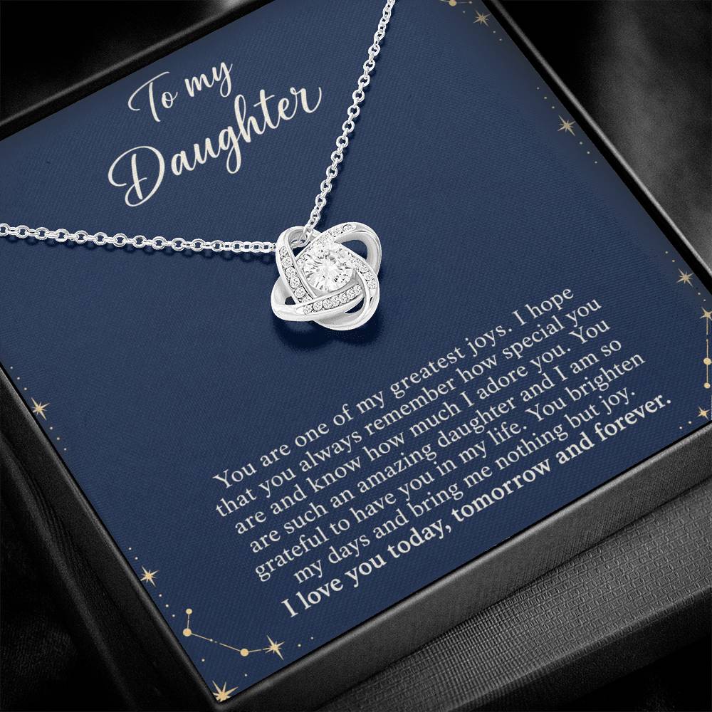 Love Knot necklace with Midnight Celestial daughter message card – white gold finish pendant and message card close-up | Hensley London