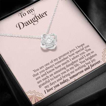 Love Knot necklace with Blush Art Deco daughter message card – white gold finish pendant and message card close-up | Hensley London