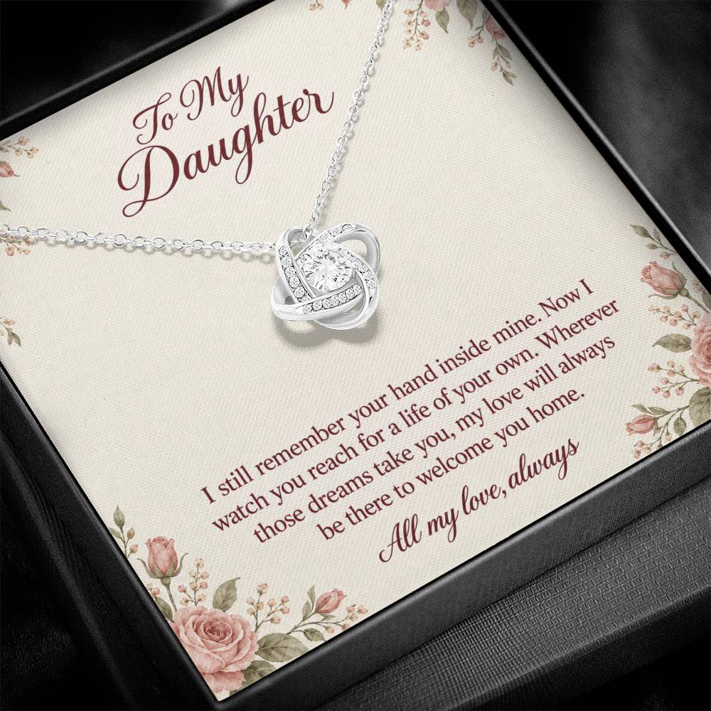 Love Knot Necklace in white gold finish with message card for daughter | Hensley London