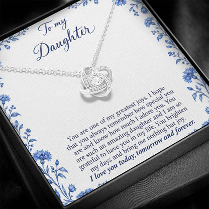 Love Knot necklace with Blue Porcelain daughter message card – white gold finish pendant and message card close-up | Hensley London
