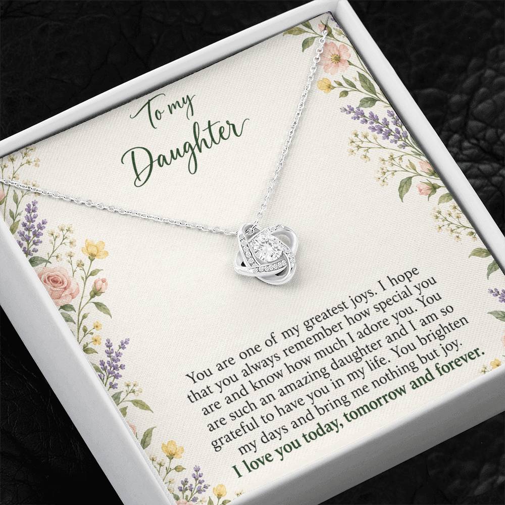 Love Knot necklace with Heirloom Garden daughter message card – white gold finish necklace in Standard Box | Hensley London