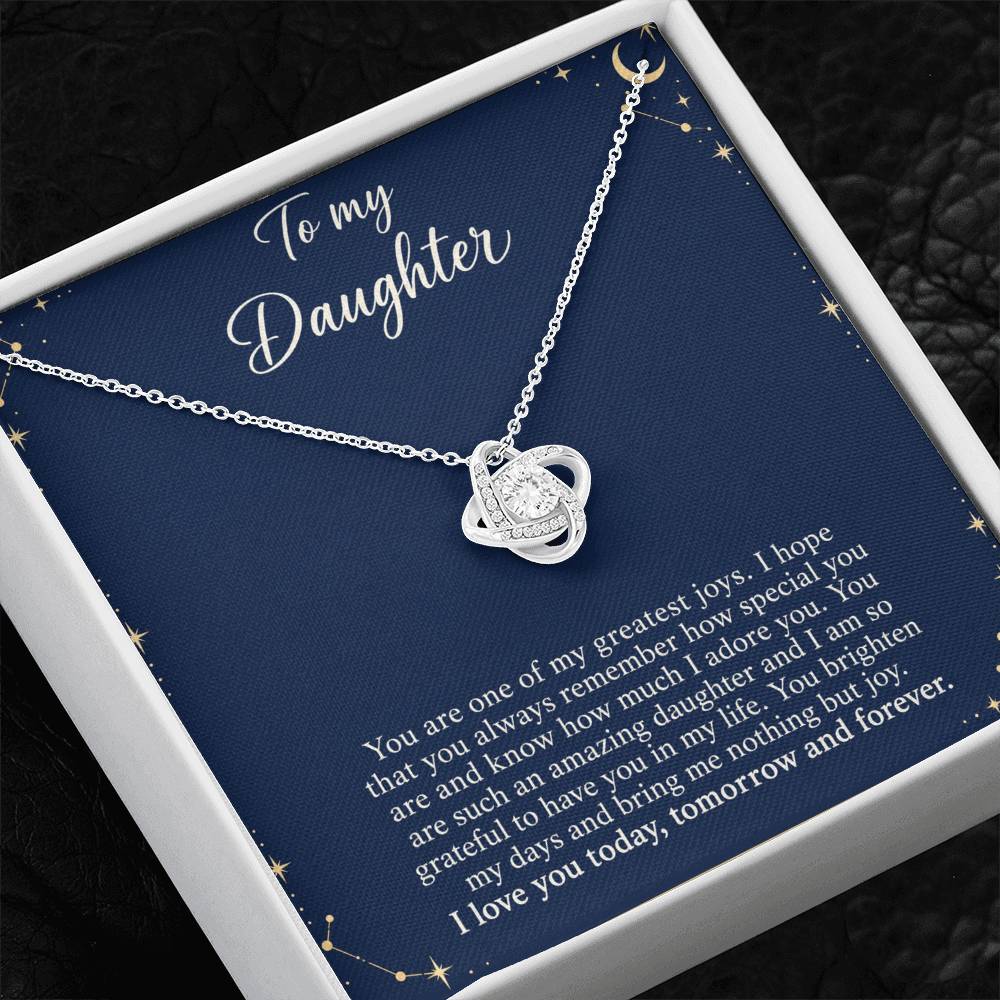 Love Knot necklace with Midnight Celestial daughter message card – white gold finish necklace in Standard Box | Hensley London