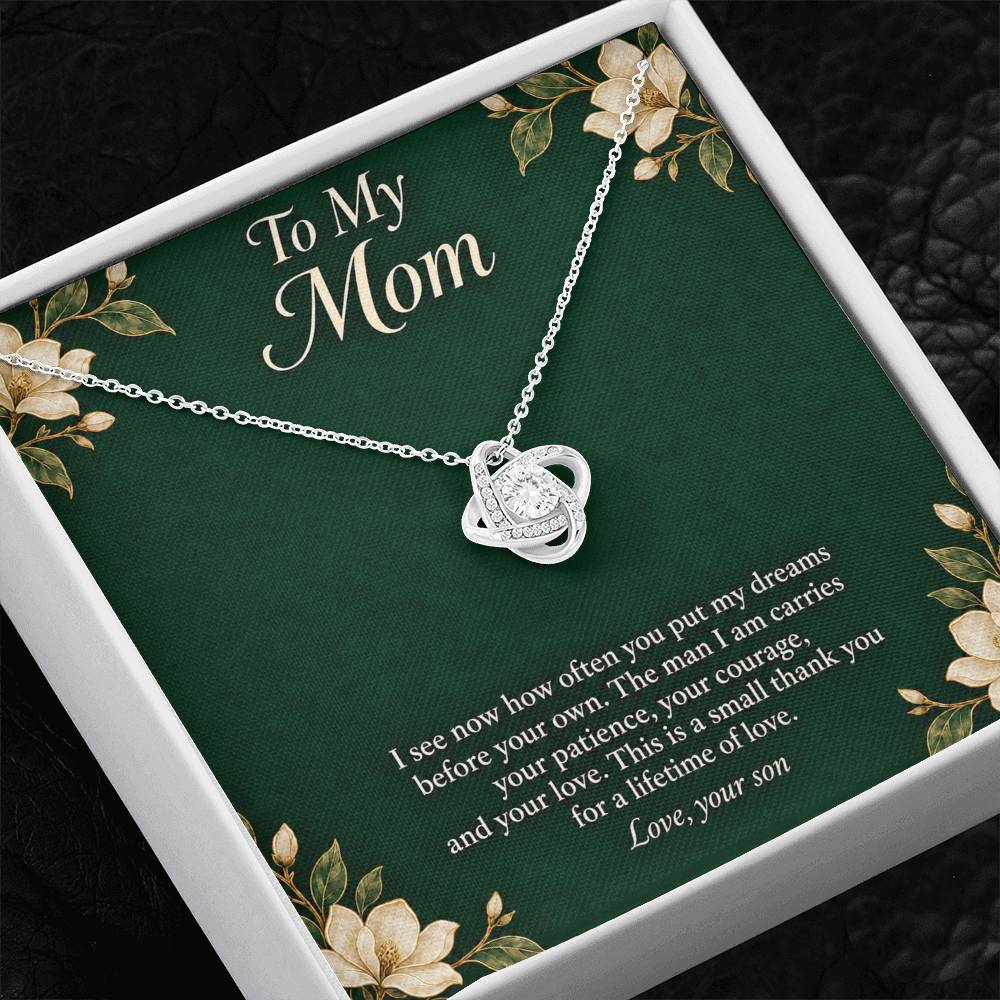 White-gold Love Knot necklace and emerald Mom message card in two-tone box | Hensley London