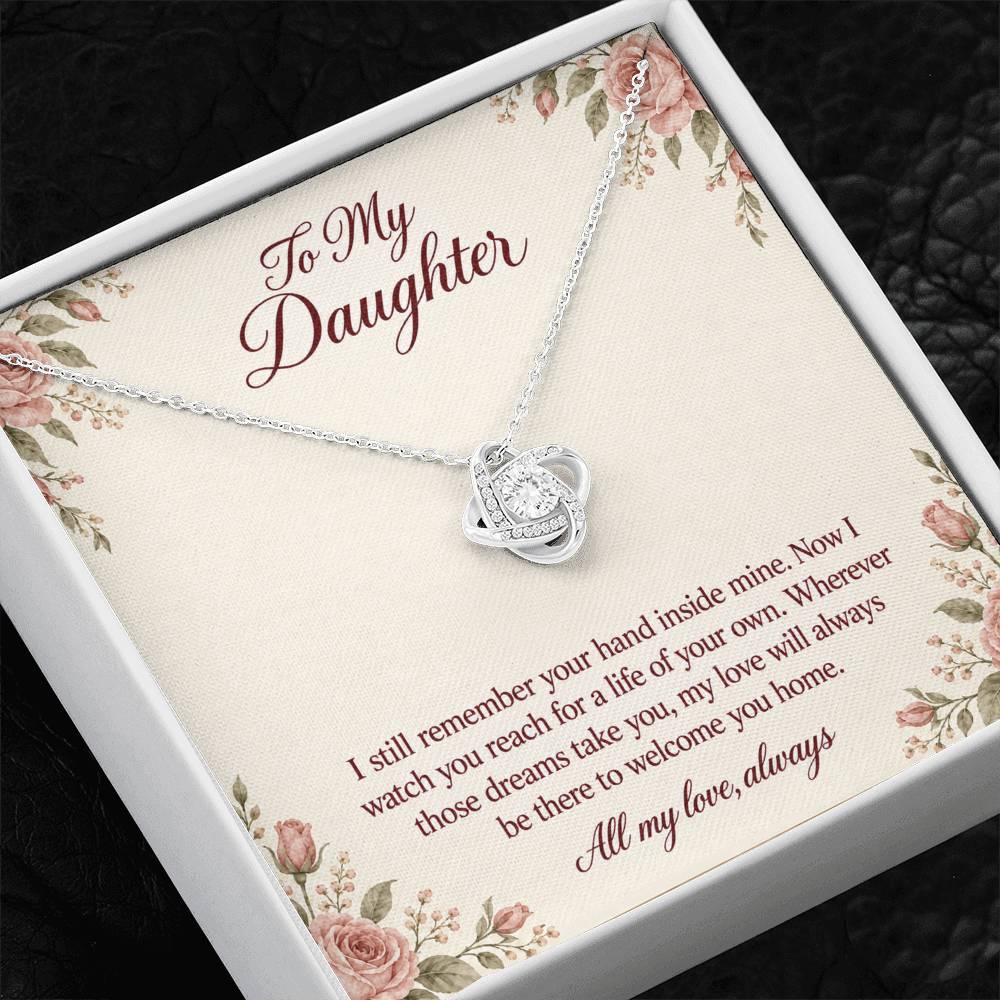 Love Knot Necklace in white gold finish with message card for daughter | Hensley London