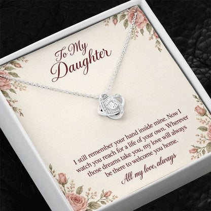 Love Knot Necklace in white gold finish with message card for daughter | Hensley London