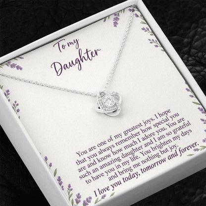 Love Knot necklace with Lavender Meadow daughter message card – white gold finish necklace in Standard Box | Hensley London