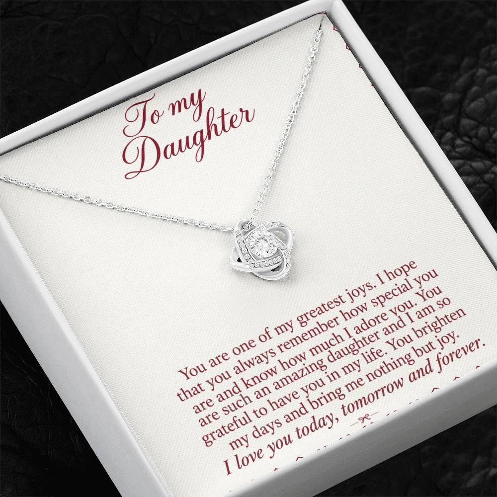 Love Knot necklace with Burgundy Letter daughter message card – white gold finish necklace in Standard Box | Hensley London
