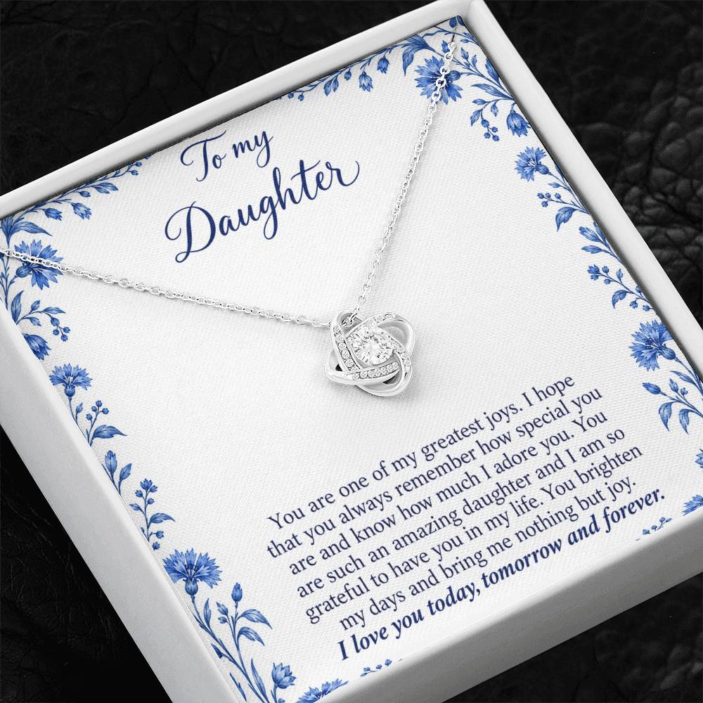 Love Knot necklace with Blue Porcelain daughter message card – white gold finish necklace in Standard Box | Hensley London