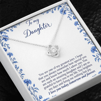 Love Knot necklace with Blue Porcelain daughter message card – white gold finish necklace in Standard Box | Hensley London
