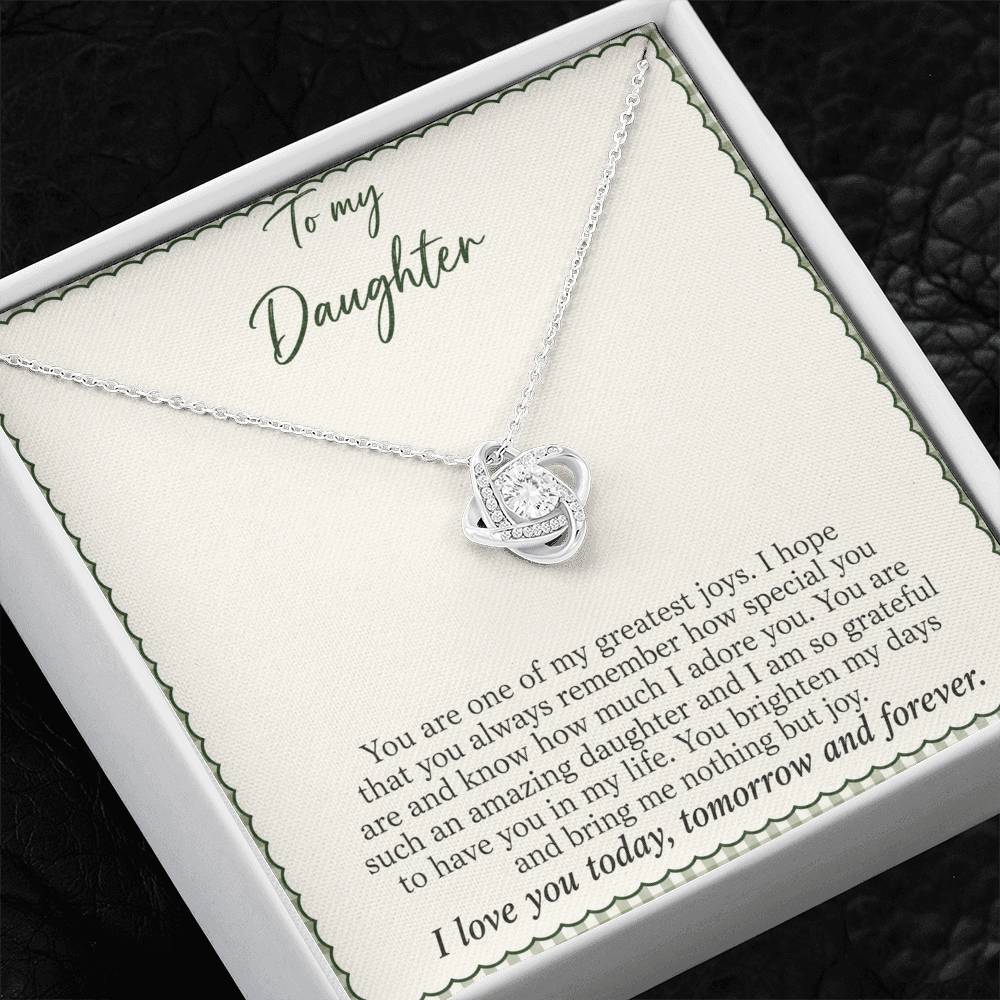 Love Knot necklace with Sage Gingham daughter message card – white gold finish necklace in Standard Box | Hensley London